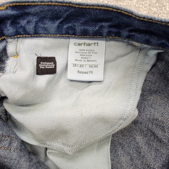 Vintage Distressed Carhartt Jeans Men’s 44x34 Relaxed Denim Leather Patch - Picture 3 of 9